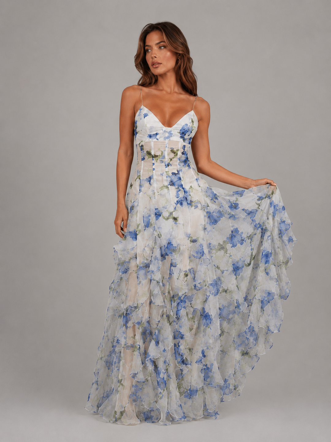 Women’s Floral Ruffle Maxi Dress with Layered Skirt