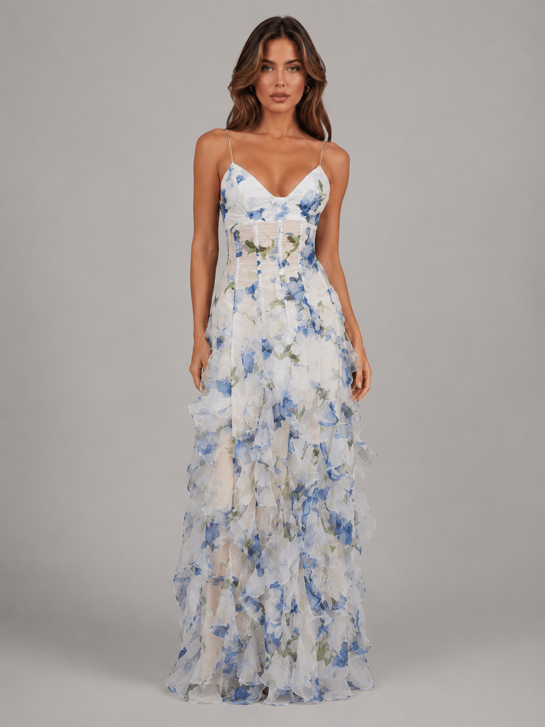 Women’s Floral Ruffle Maxi Dress with Layered Skirt