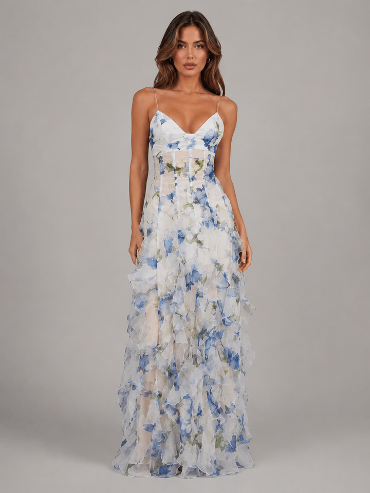 Women’s Floral Ruffle Maxi Dress with Layered Skirt