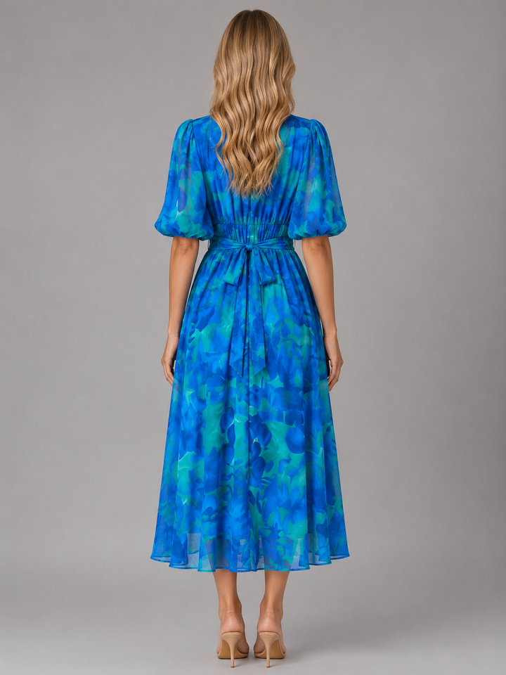 Women’s Floral V-Neck Midi Dress with Puff-Sleeve