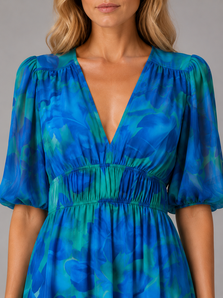 Women’s Floral V-Neck Midi Dress with Puff-Sleeve