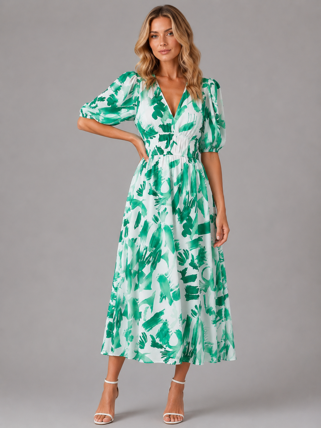Women’s Floral V-Neck Midi Dress with Puff-Sleeve