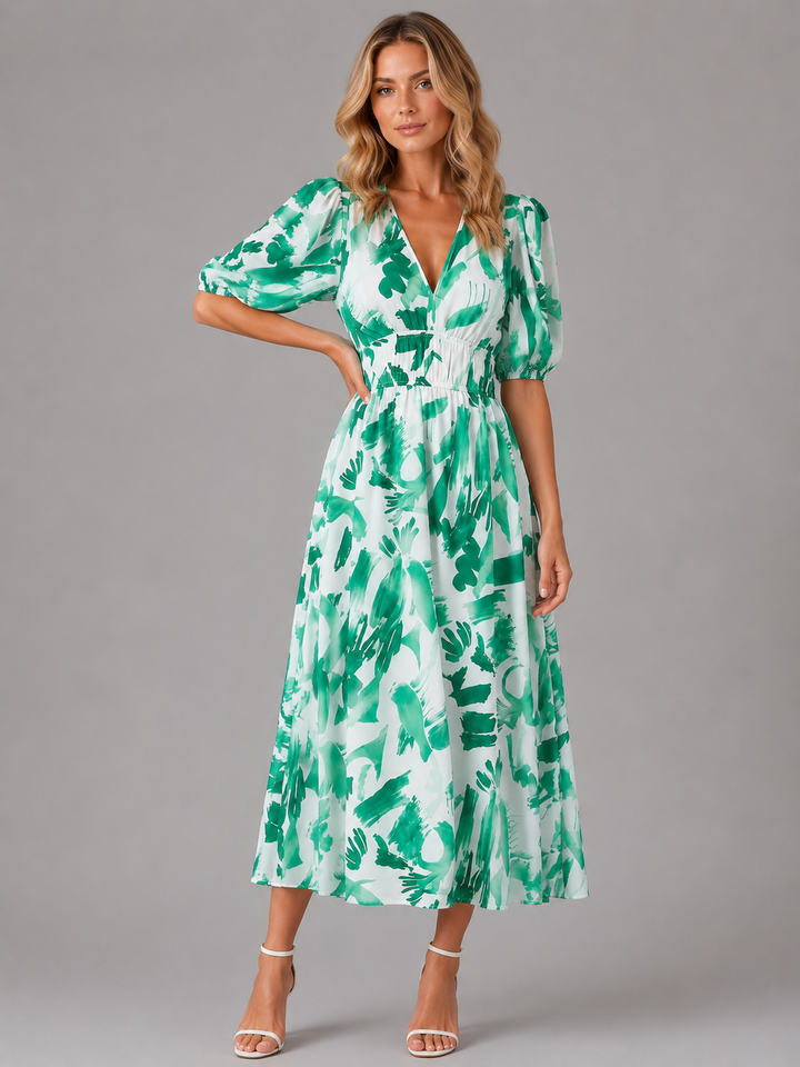Women’s Floral V-Neck Midi Dress with Puff-Sleeve