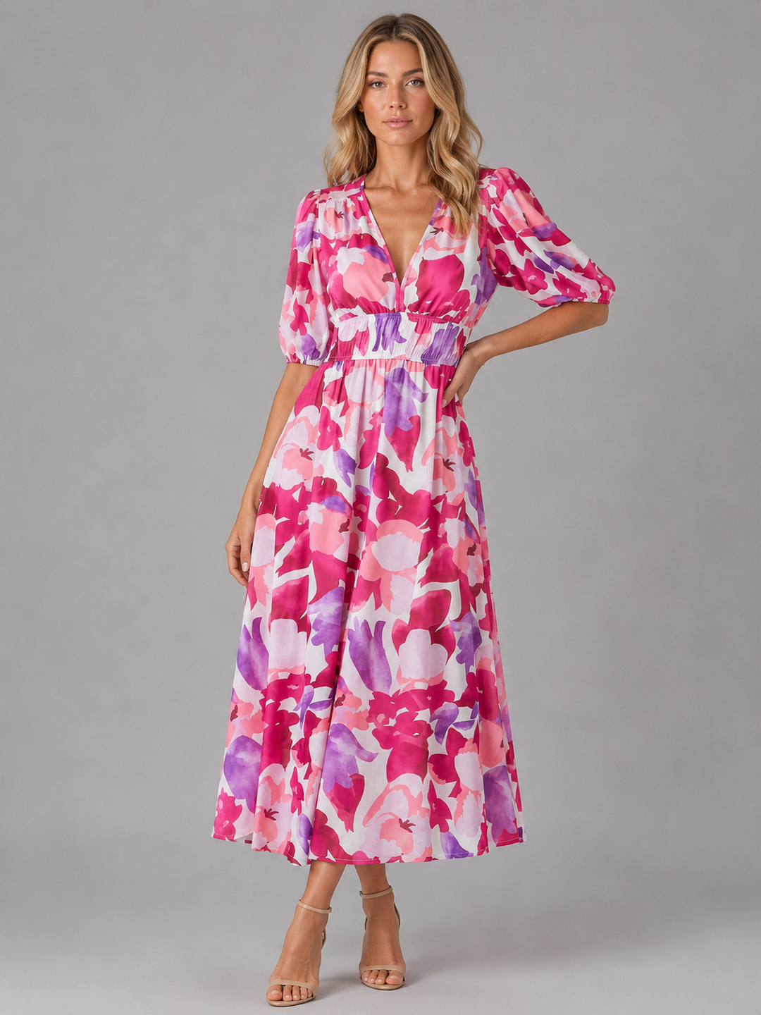 Women’s Floral V-Neck Midi Dress with Puff-Sleeve