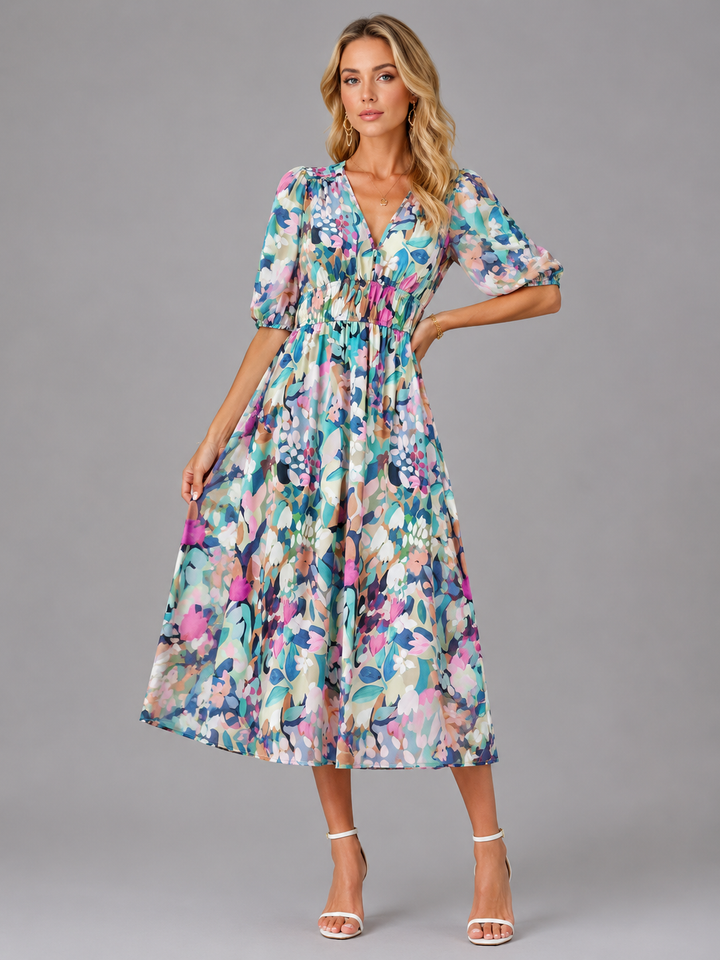 Women’s Floral V-Neck Midi Dress with Puff-Sleeve
