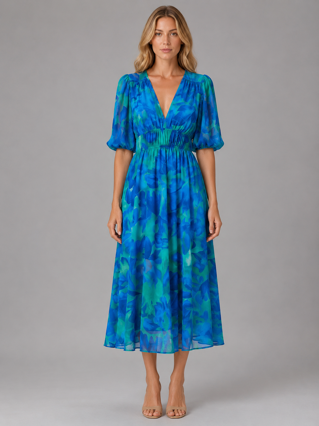Women’s Floral V-Neck Midi Dress with Puff-Sleeve