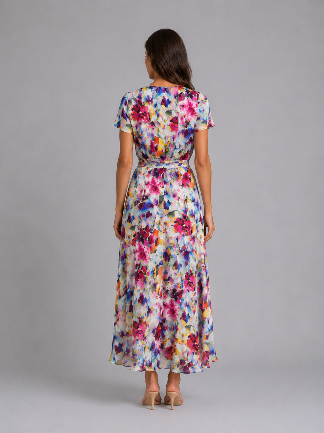 Women’s Floral-Wrap Midi Dress with Tie Waist