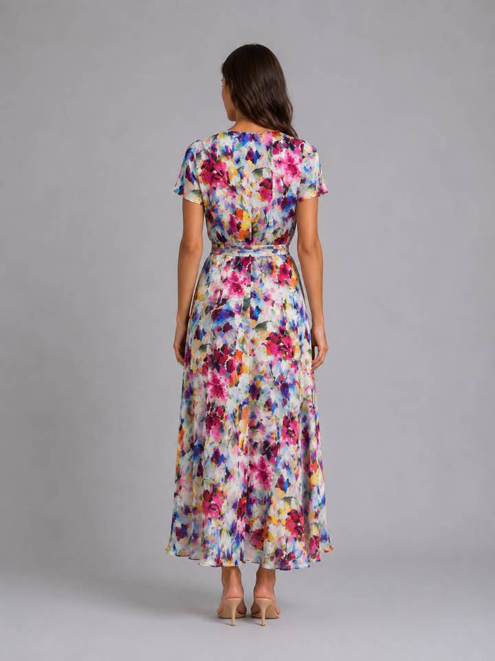 Women’s Floral-Wrap Midi Dress with Tie Waist
