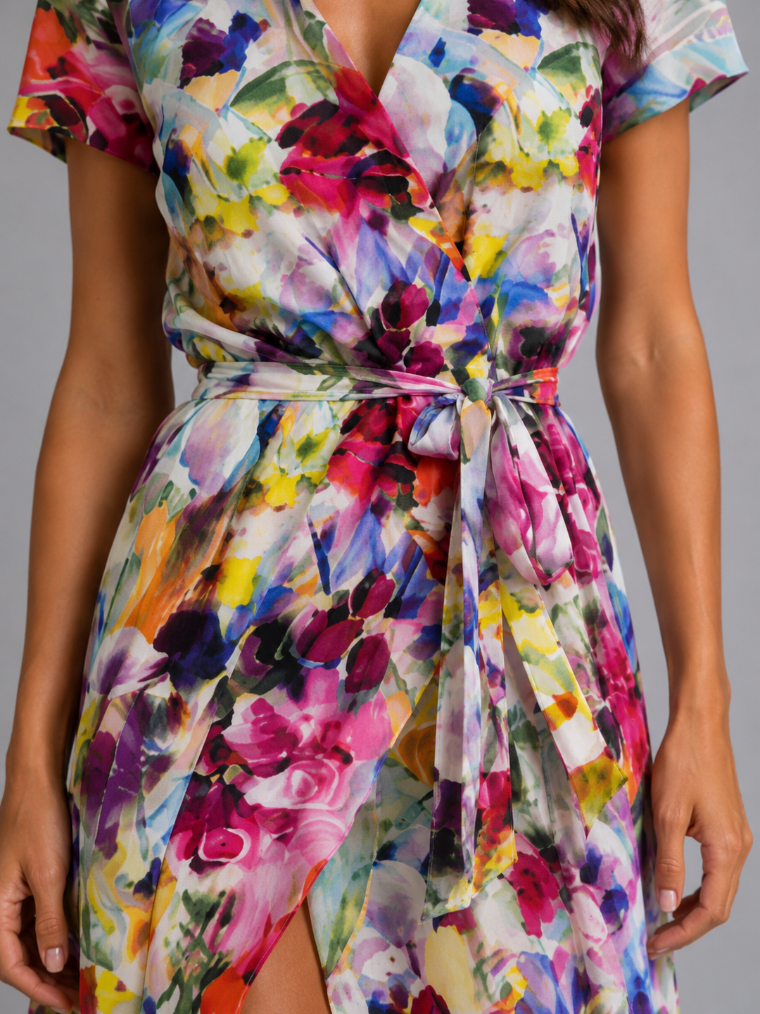 Women’s Floral-Wrap Midi Dress with Tie Waist