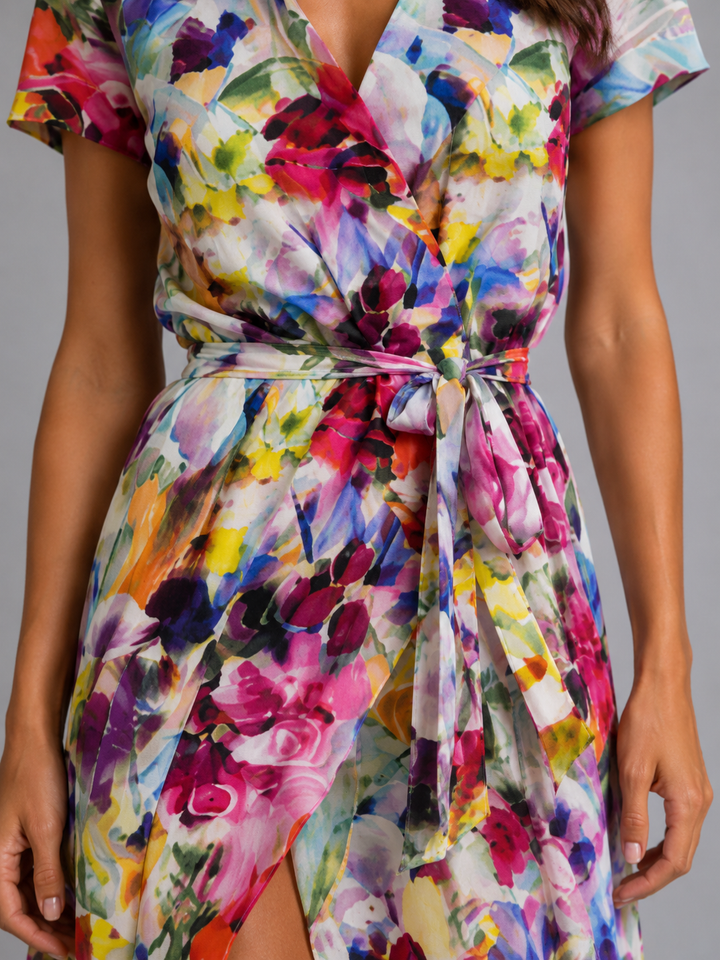 Women’s Floral-Wrap Midi Dress with Tie Waist