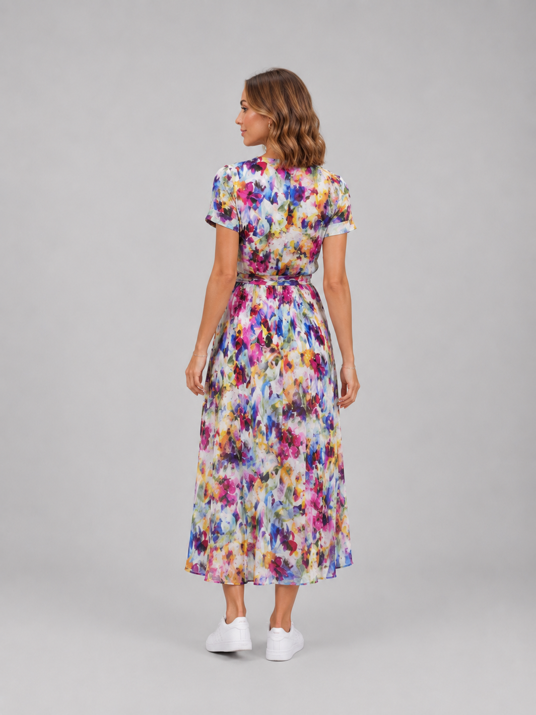 Women’s Floral Wrap Midi Dress with Tie Waist