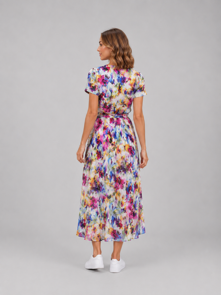 Women’s Floral Wrap Midi Dress with Tie Waist