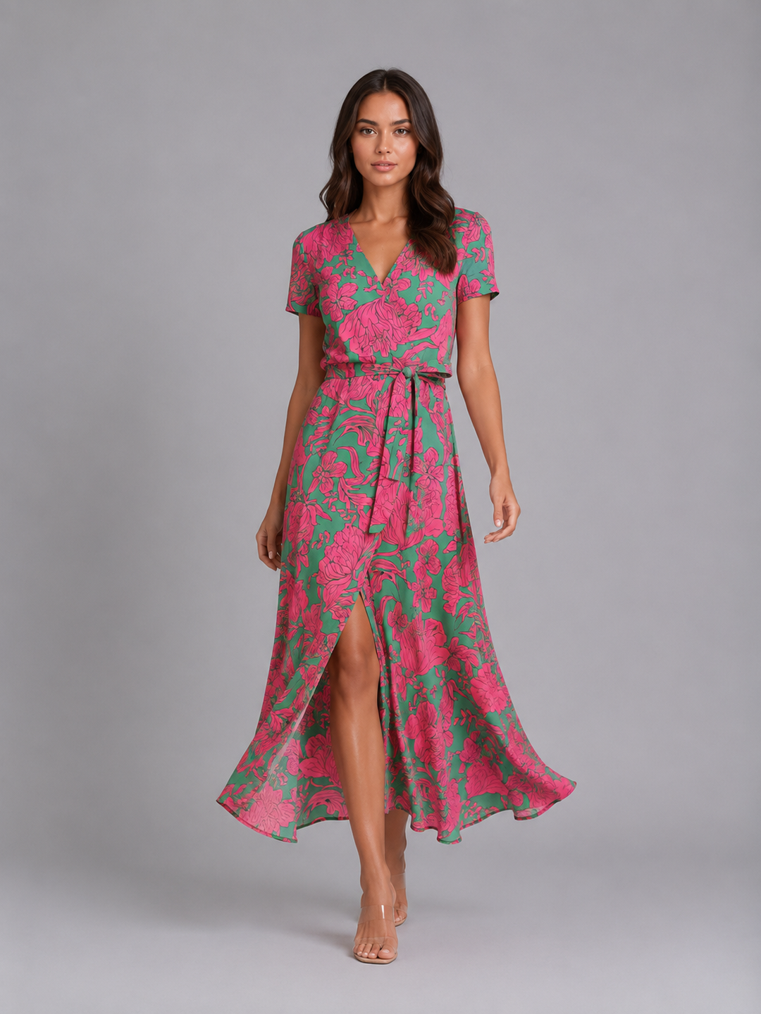 Women’s Floral-Wrap Midi Dress with Tie Waist