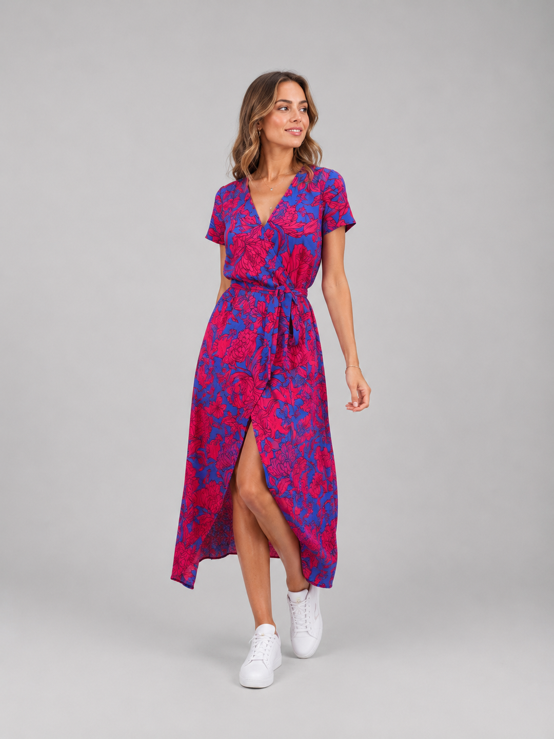 Women’s Floral Wrap Midi Dress with Tie Waist