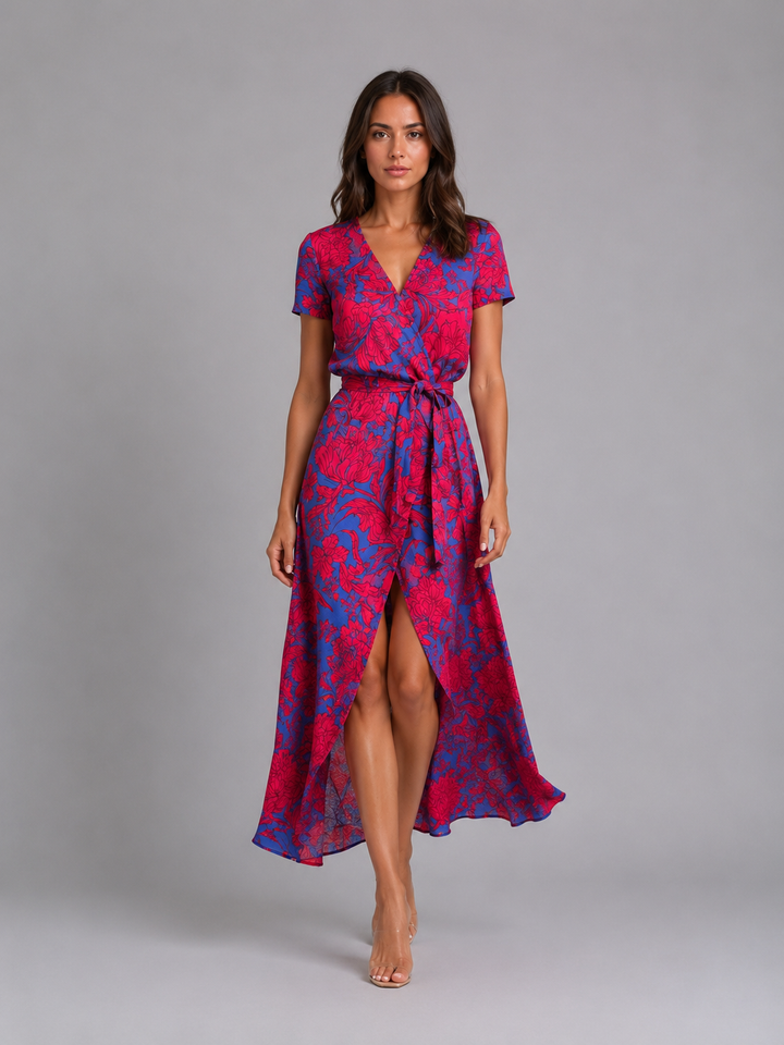Women’s Floral-Wrap Midi Dress with Tie Waist