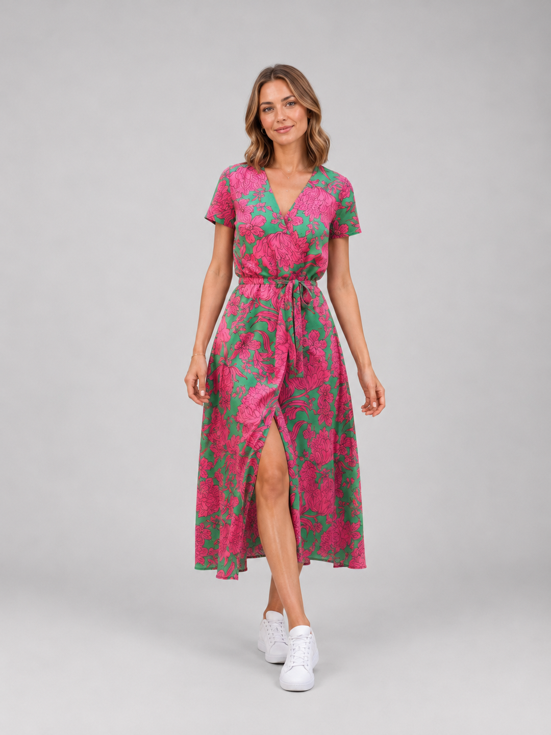Women’s Floral Wrap Midi Dress with Tie Waist