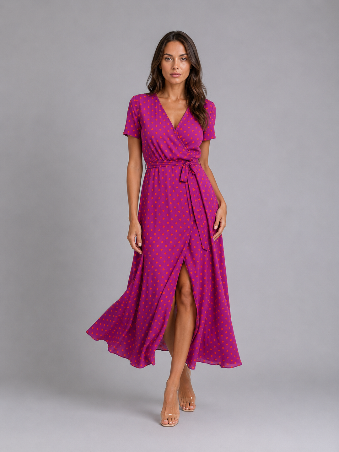 Women’s Floral-Wrap Midi Dress with Tie Waist
