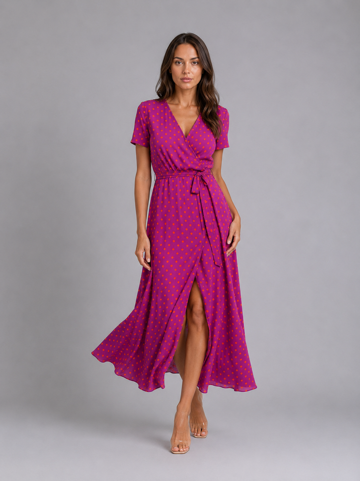 Women’s Floral-Wrap Midi Dress with Tie Waist