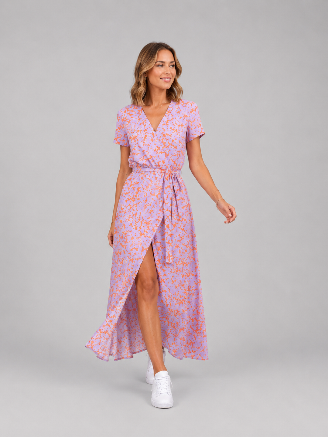 Women’s Floral Wrap Midi Dress with Tie Waist