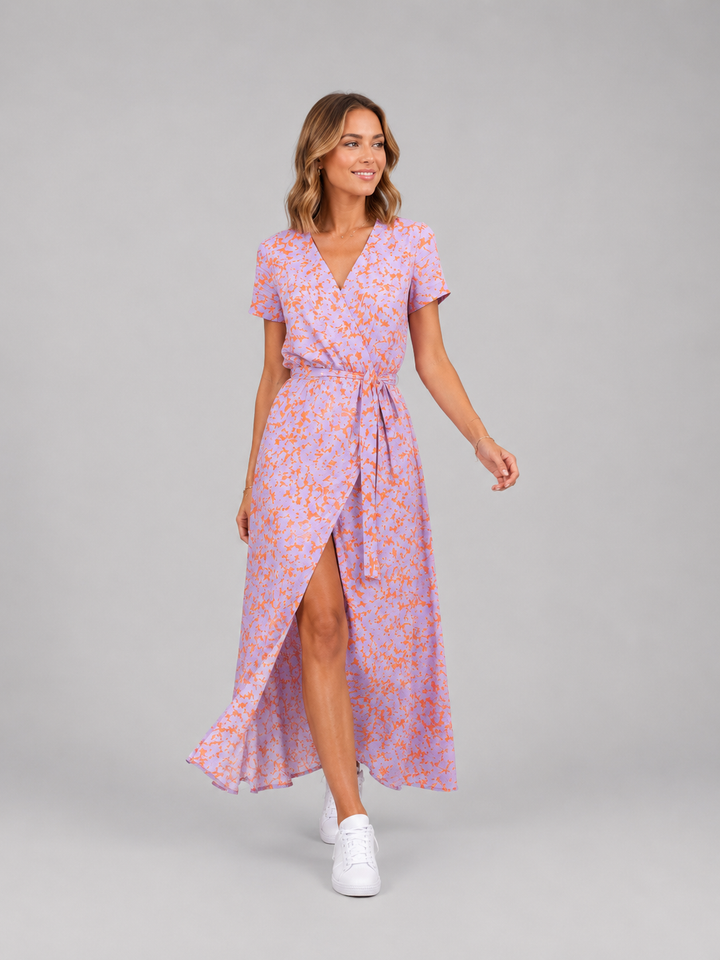 Women’s Floral Wrap Midi Dress with Tie Waist