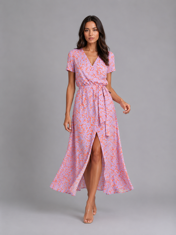 Women’s Floral-Wrap Midi Dress with Tie Waist