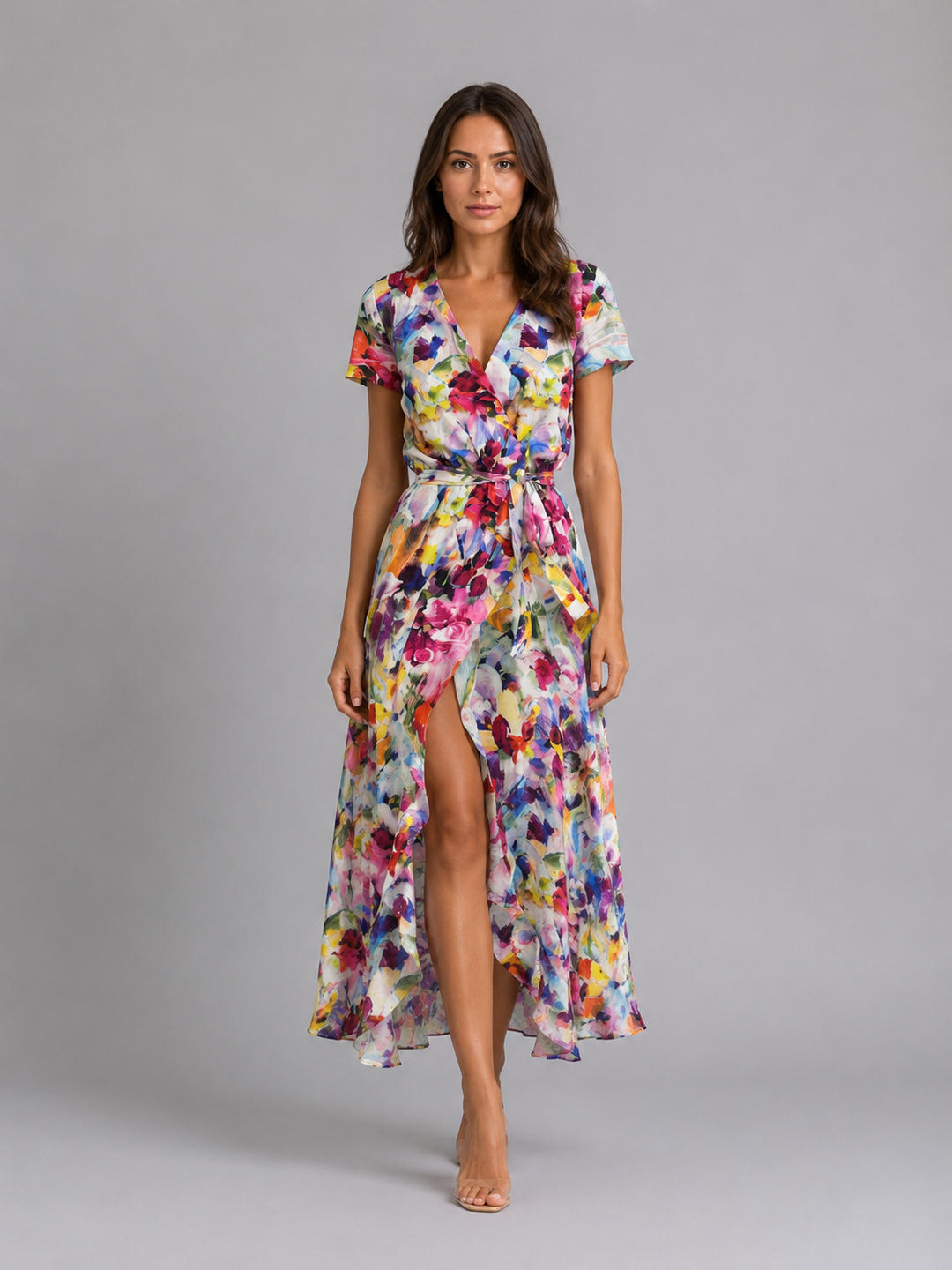 Women’s Floral-Wrap Midi Dress with Tie Waist
