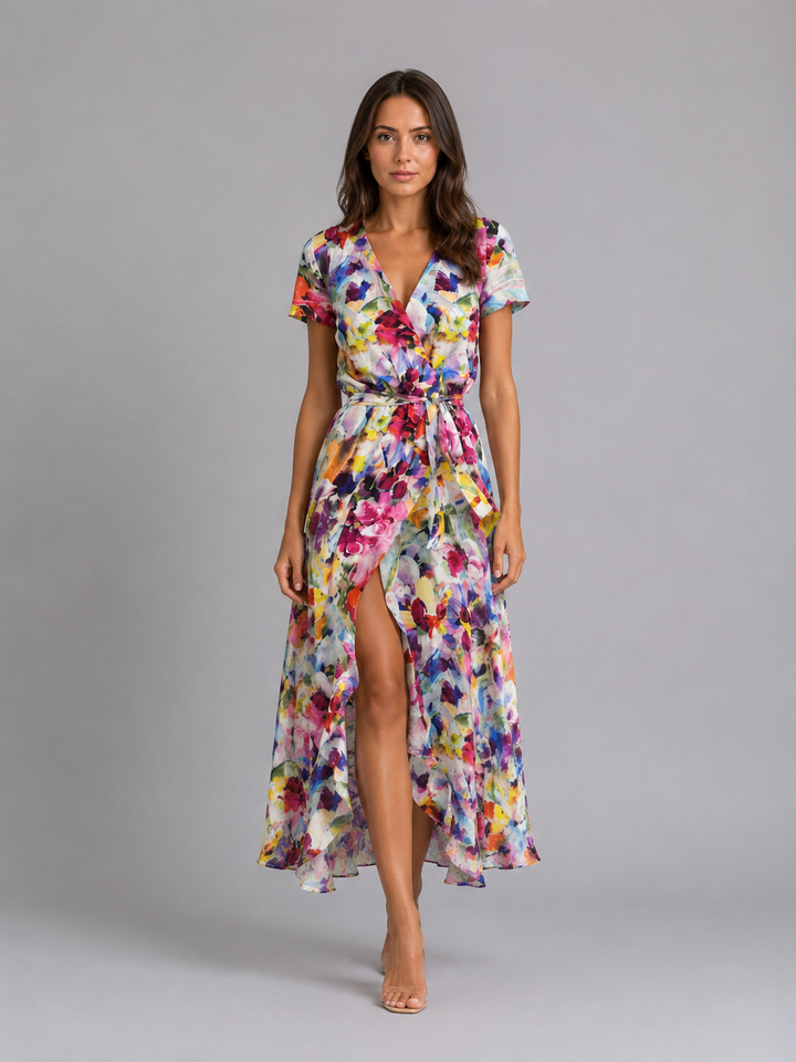 Women’s Floral-Wrap Midi Dress with Tie Waist