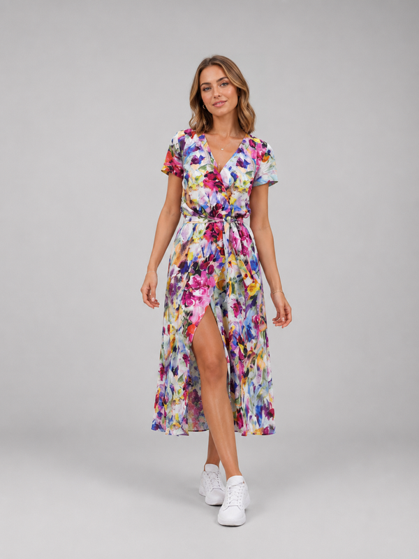Women’s Floral Wrap Midi Dress with Tie Waist