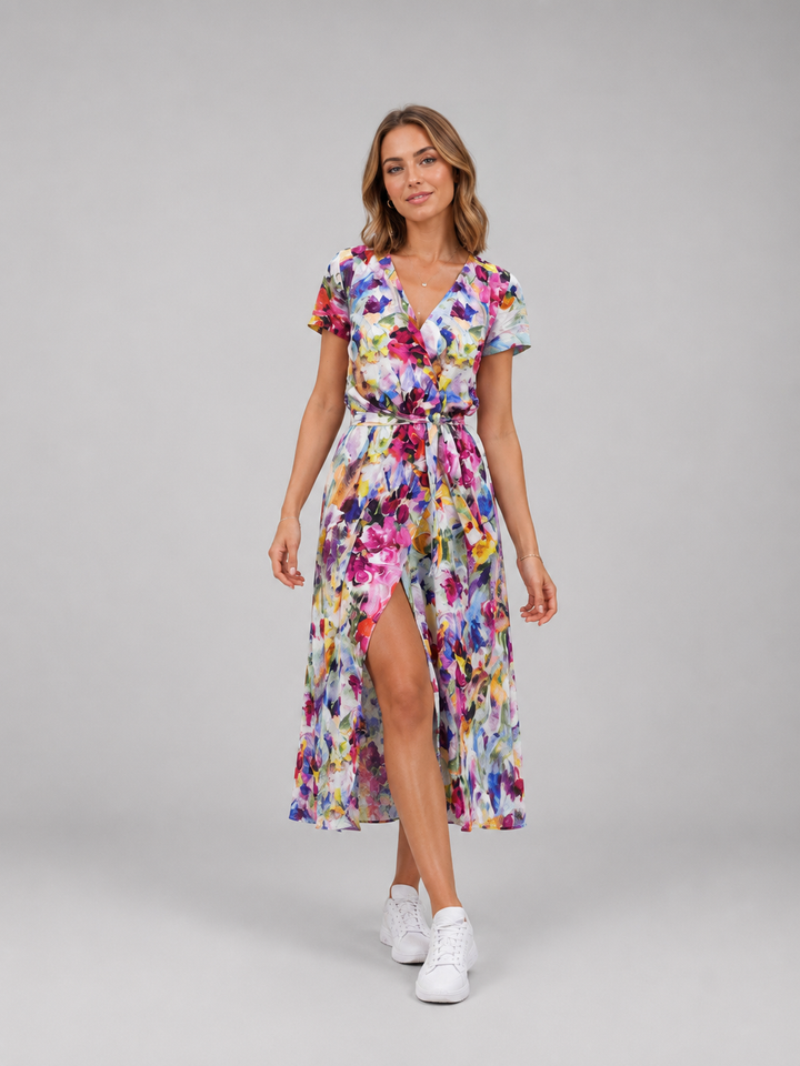 Women’s Floral Wrap Midi Dress with Tie Waist