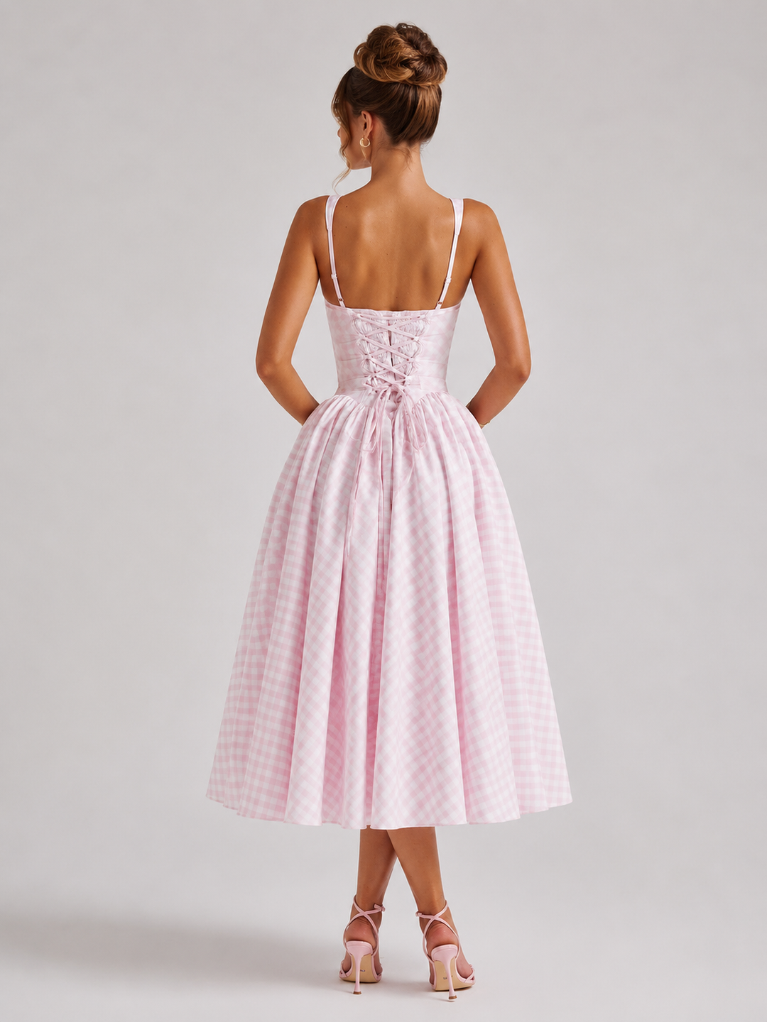 Women’s Gingham Midi Dress with Sculpted Waist