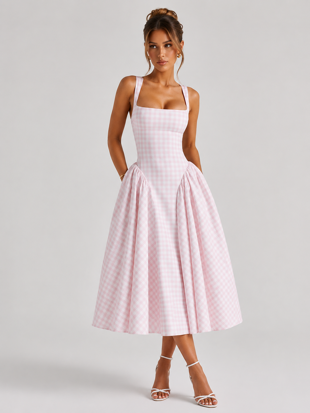 Women’s Gingham Midi Dress with Sculpted Waist