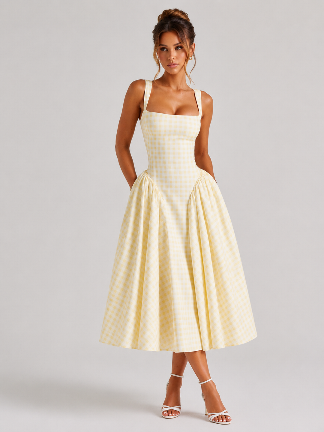 Women’s Gingham Midi Dress with Sculpted Waist