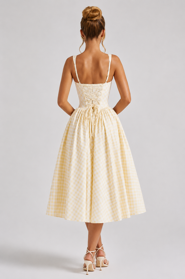 Women’s Gingham Midi Dress with Sculpted Waist