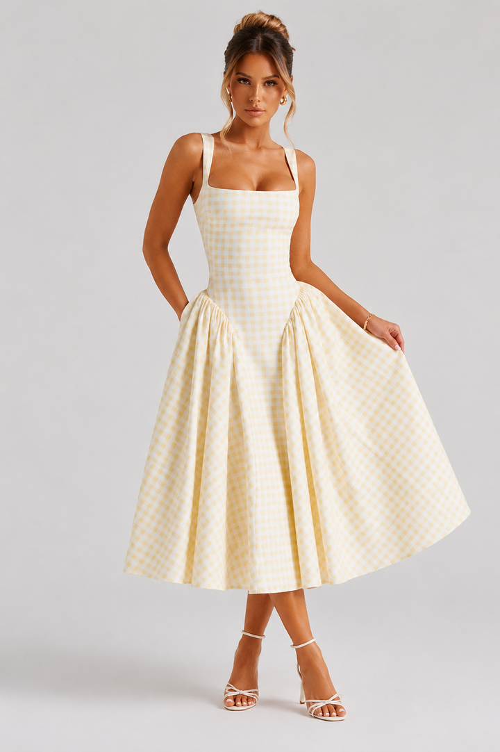Women’s Gingham Midi Dress with Sculpted Waist