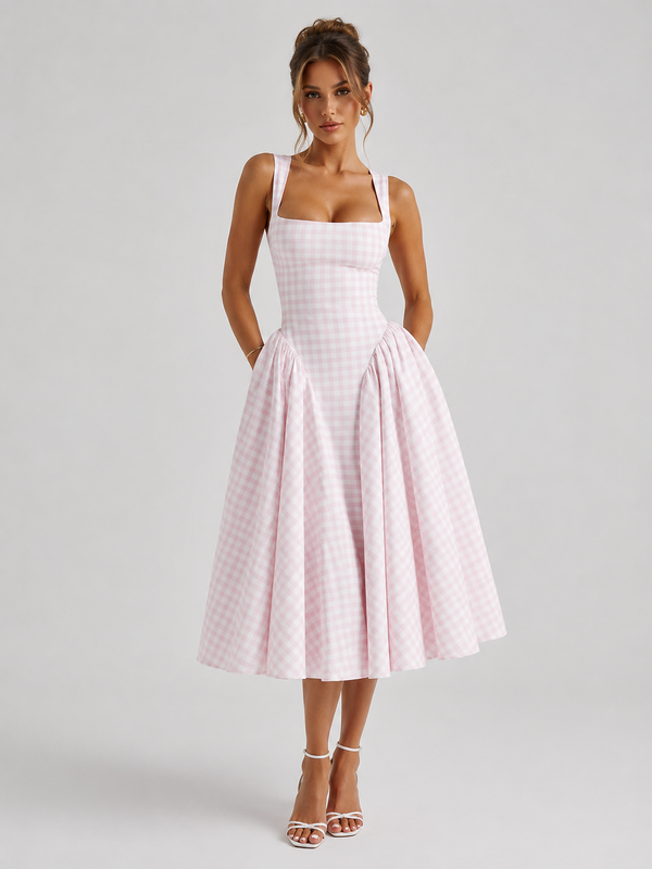 Women’s Gingham Midi Dress with Sculpted Waist