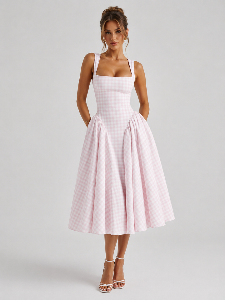 Women’s Gingham Midi Dress with Sculpted Waist