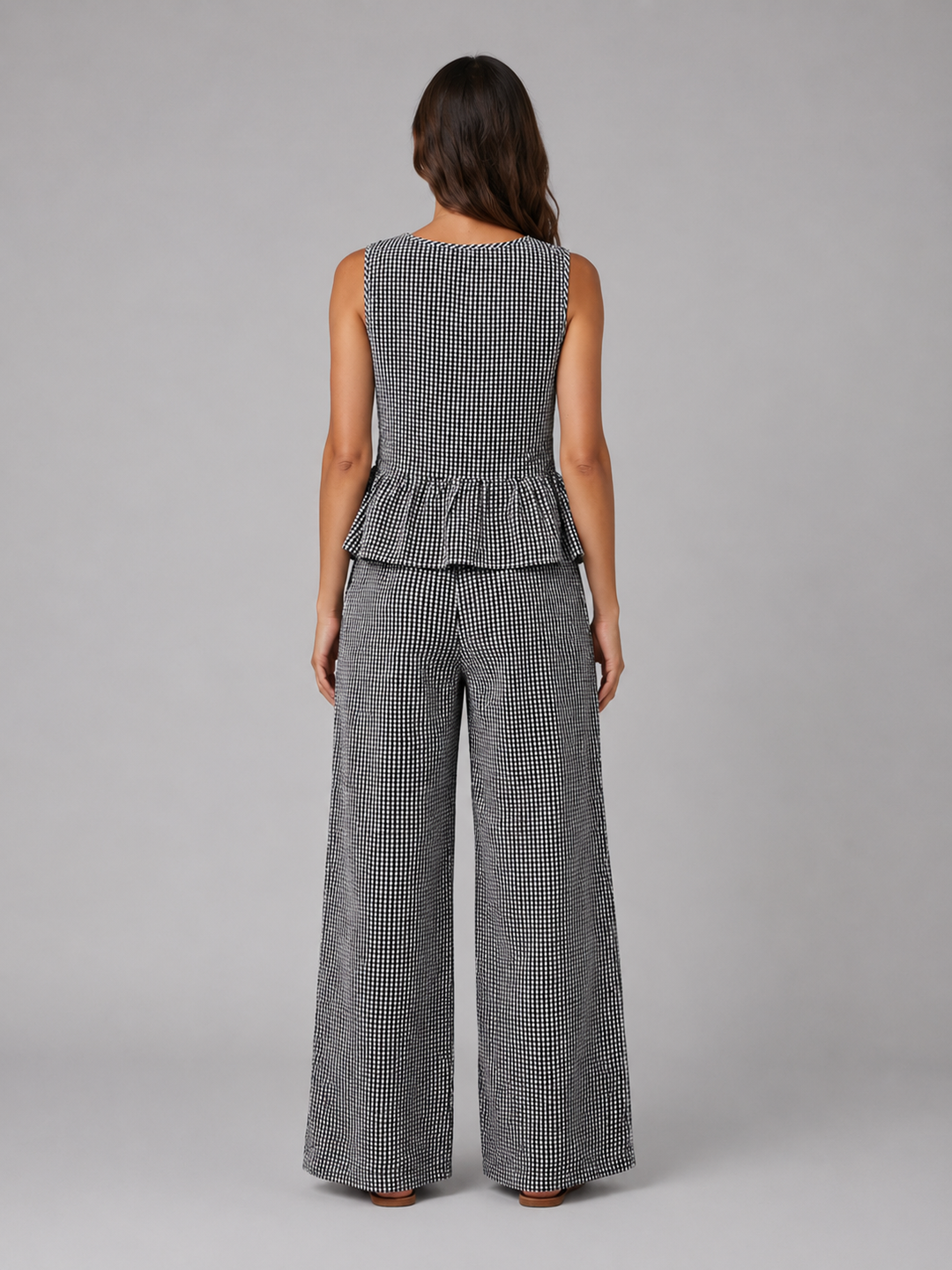 Women’s Gingham Two-Piece Set with Peplum Top