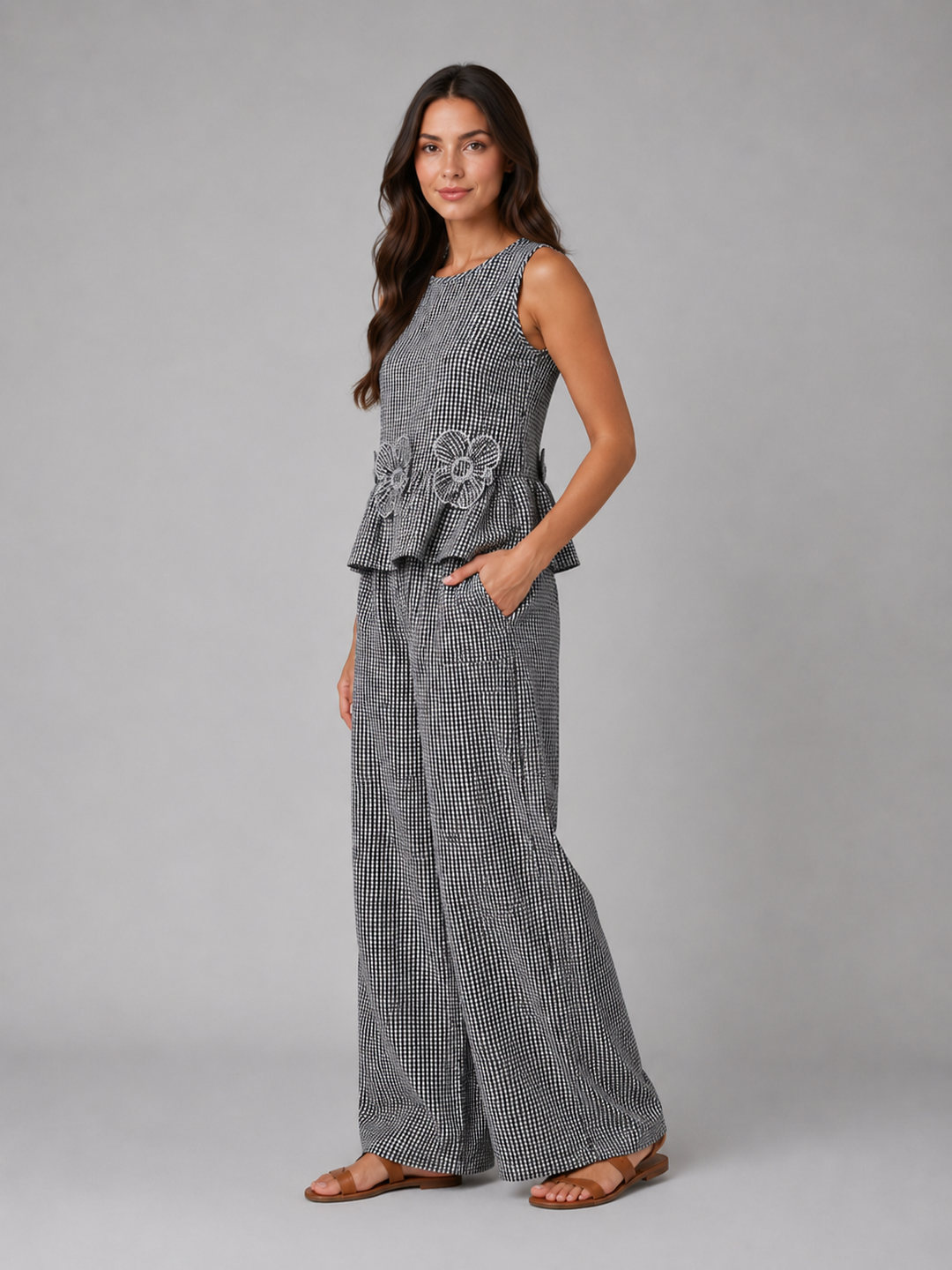 Women’s Gingham Two-Piece Set with Peplum Top