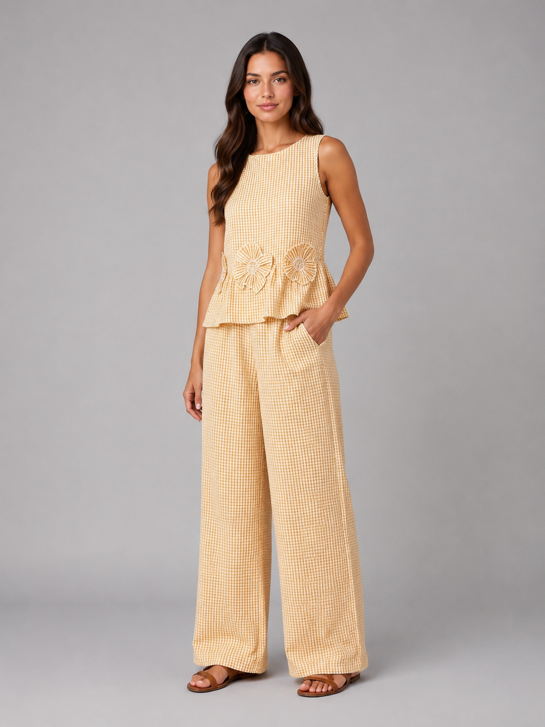 Women’s Gingham Two-Piece Set with Peplum Top