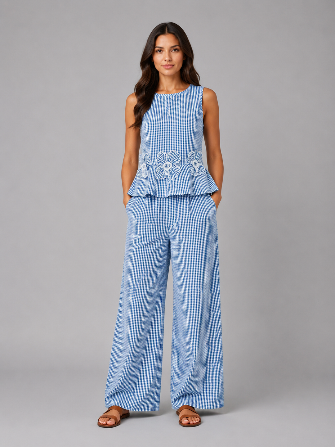 Women’s Gingham Two-Piece Set with Peplum Top