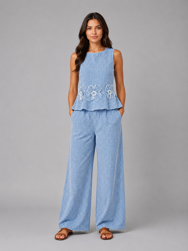 Women’s Gingham Two-Piece Set with Peplum Top