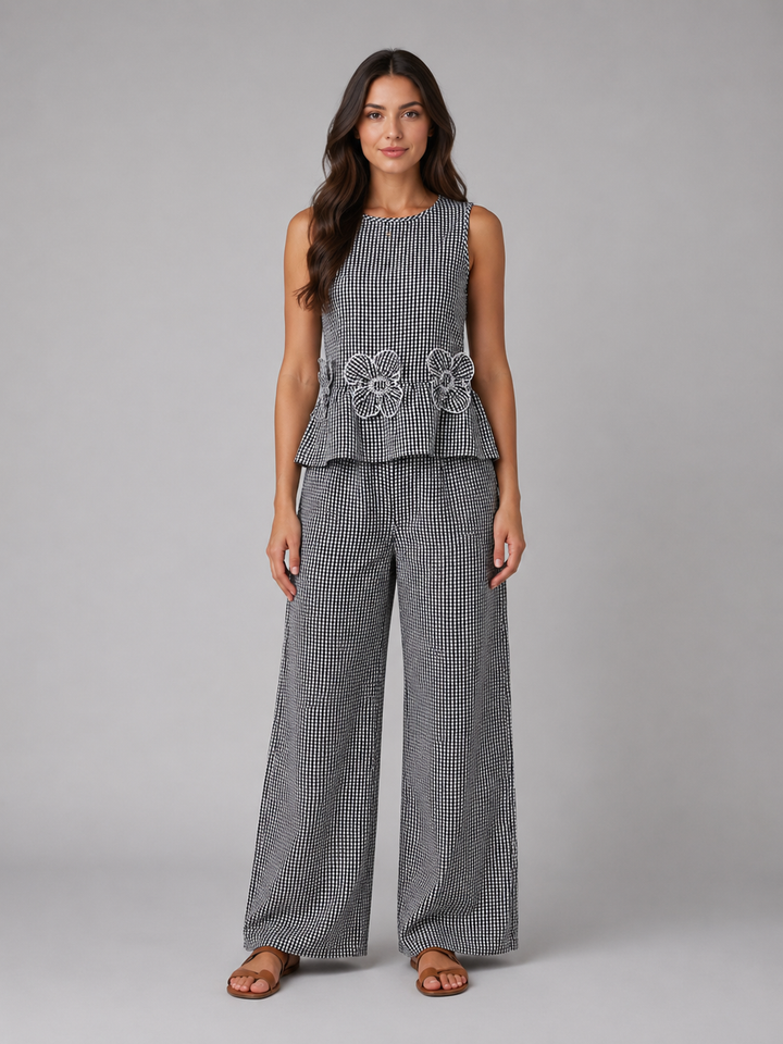 Women’s Gingham Two-Piece Set with Peplum Top