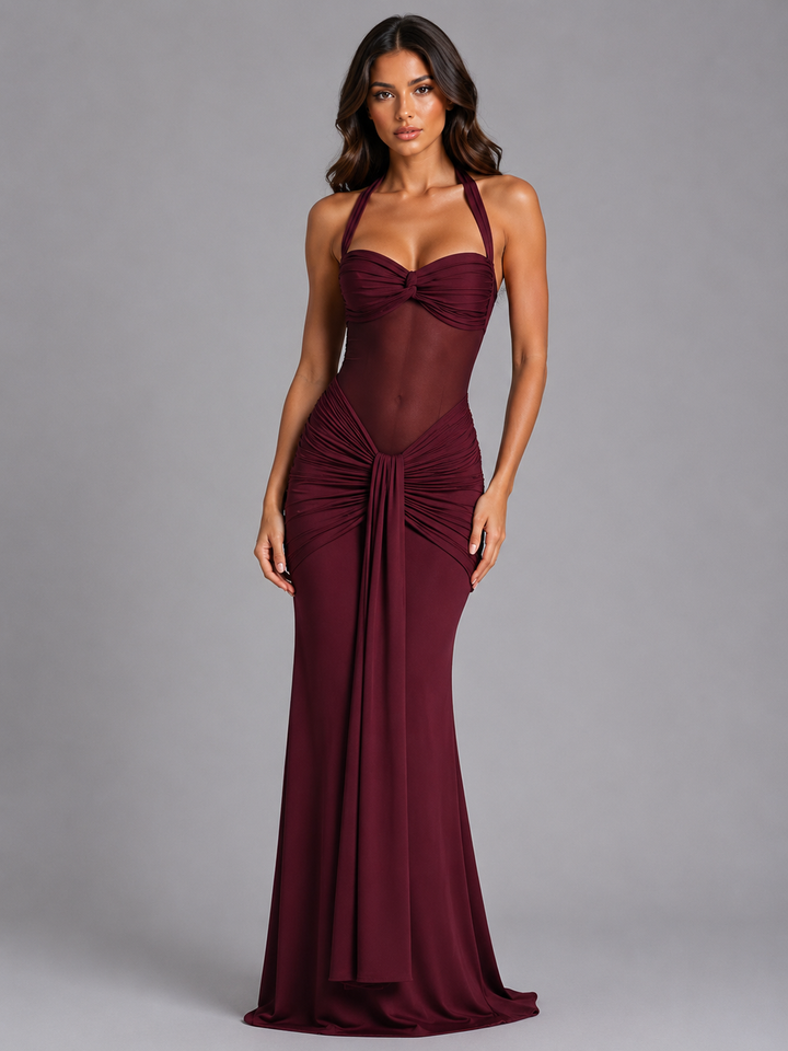 Women’s Halter Maxi Dress with Ruched Bodice