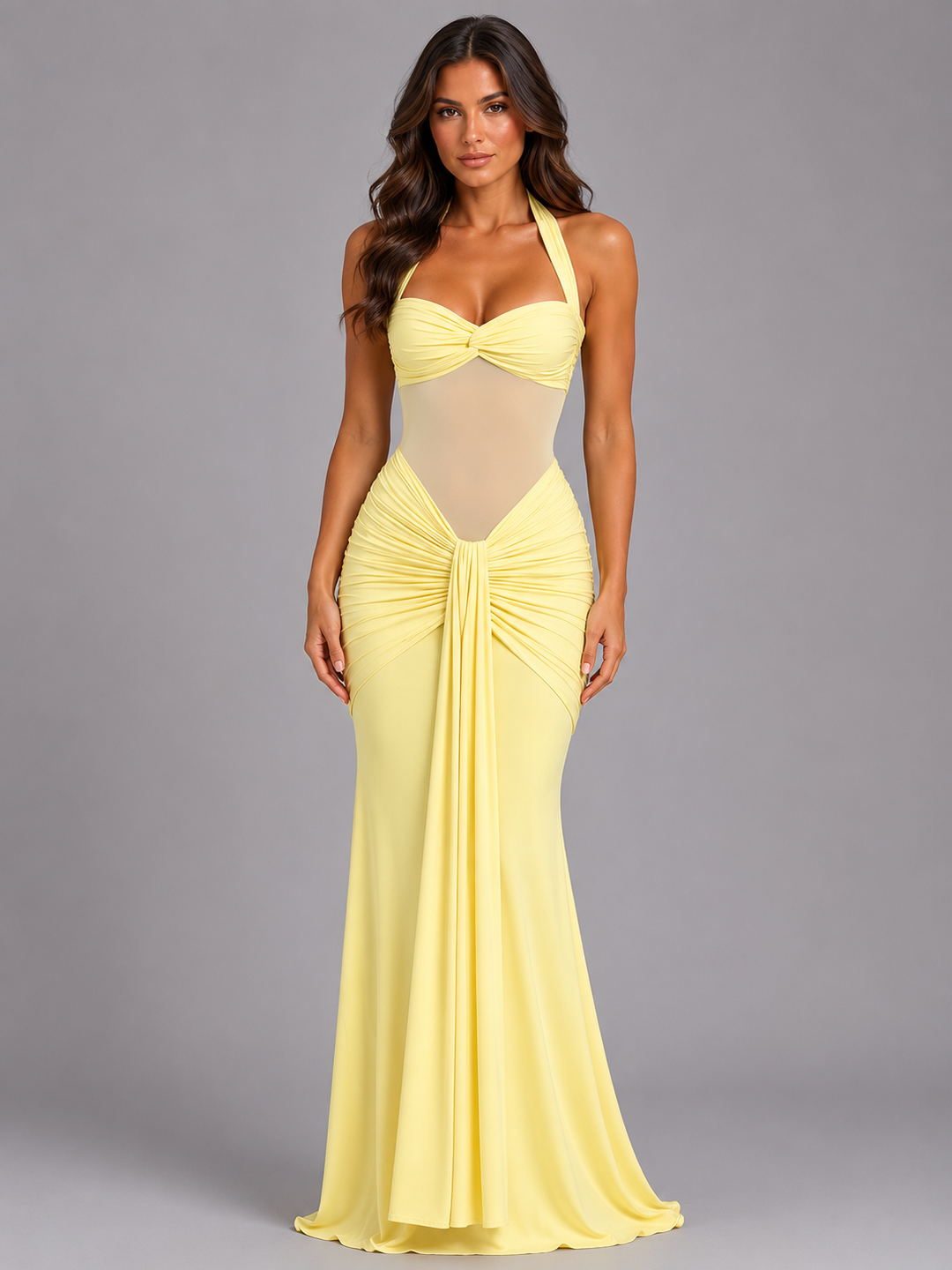 Women’s Halter Maxi Dress with Ruched Bodice