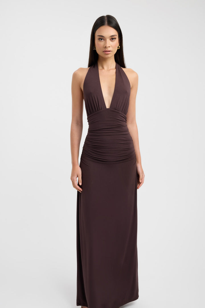 Women's Halterneck Maxi Dress with Ruched Waist for Evening