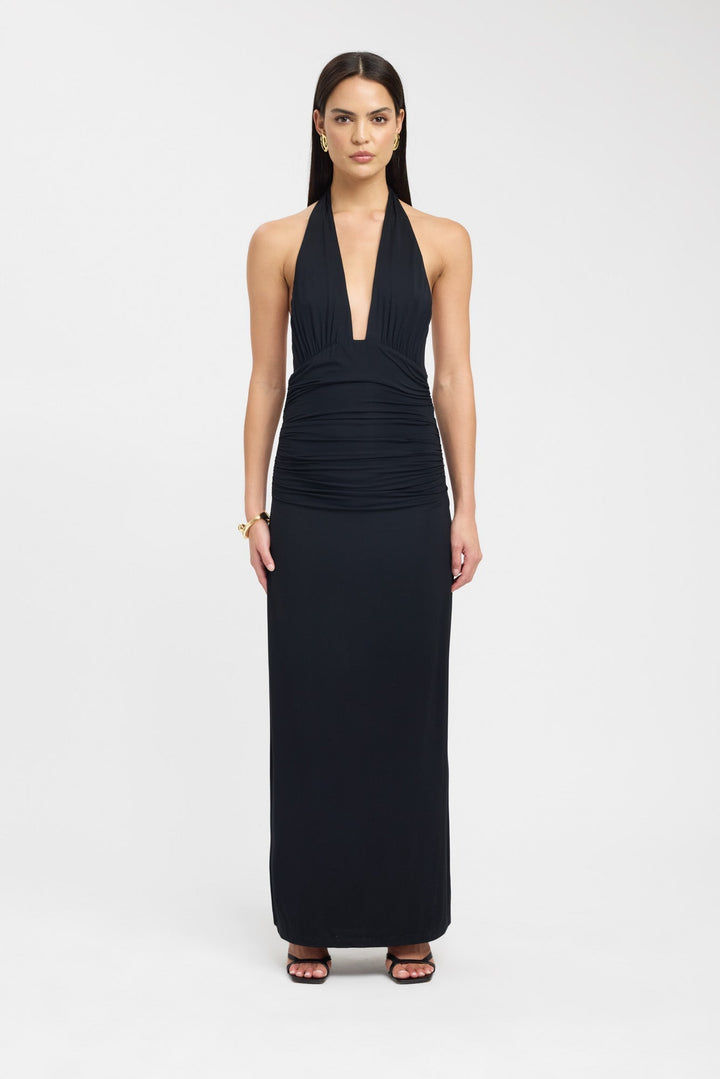 Women's Halterneck Maxi Dress with Ruched Waist for Evening