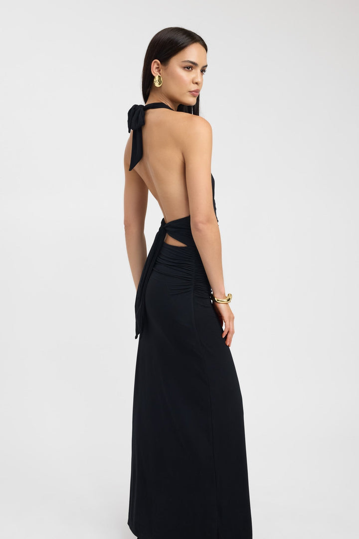 Women's Halterneck Maxi Dress with Ruched Waist for Evening