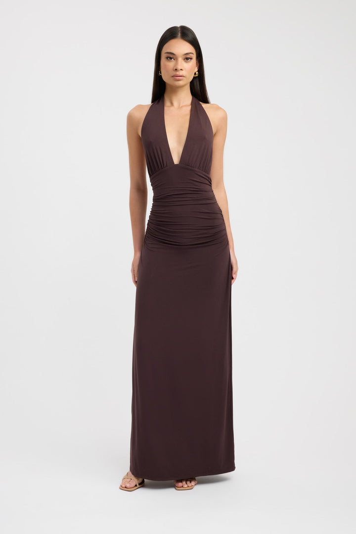Women's Halterneck Maxi Dress with Ruched Waist for Evening