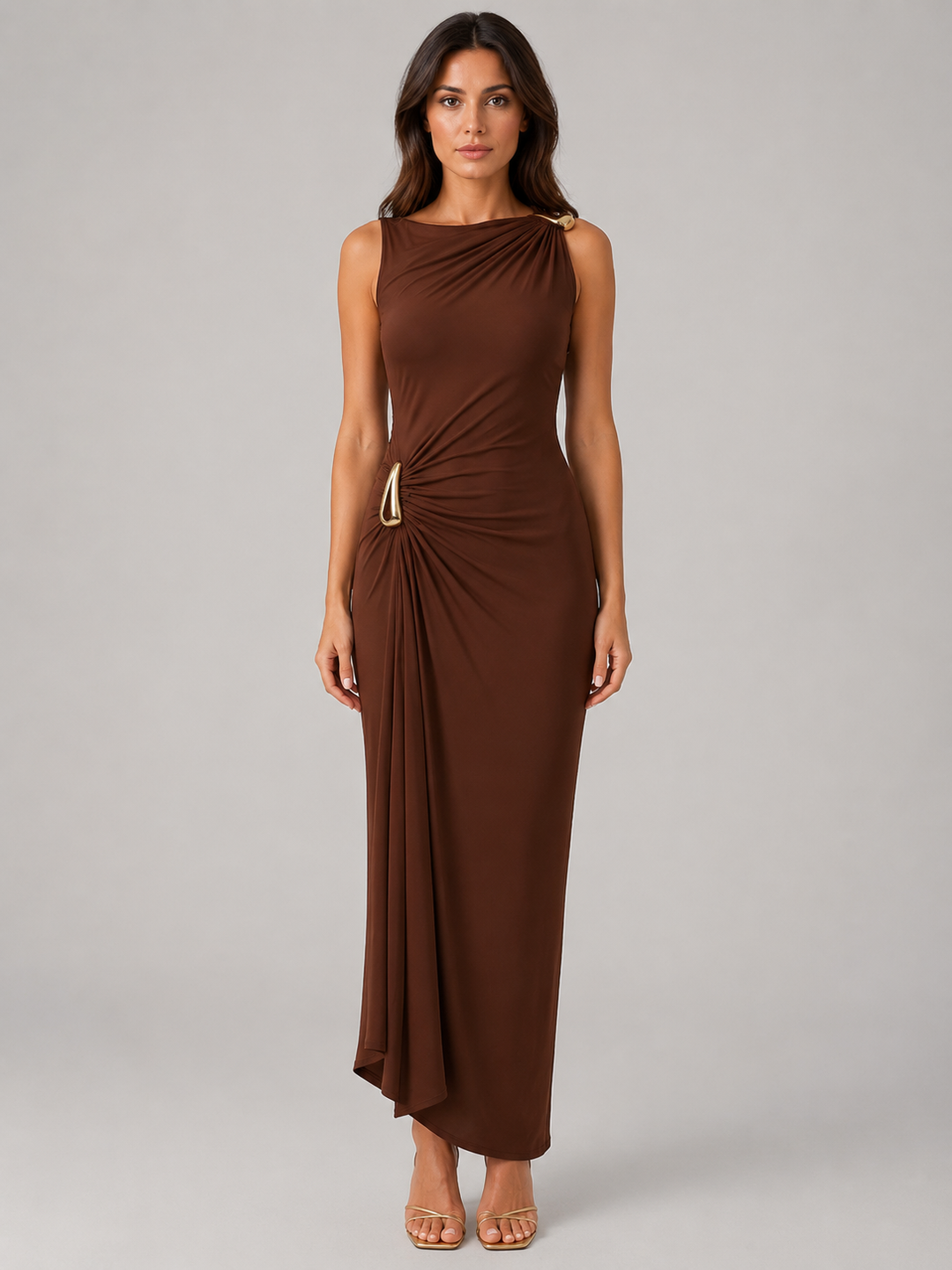 Women’s High-Neck Maxi Dress with Gold Detail