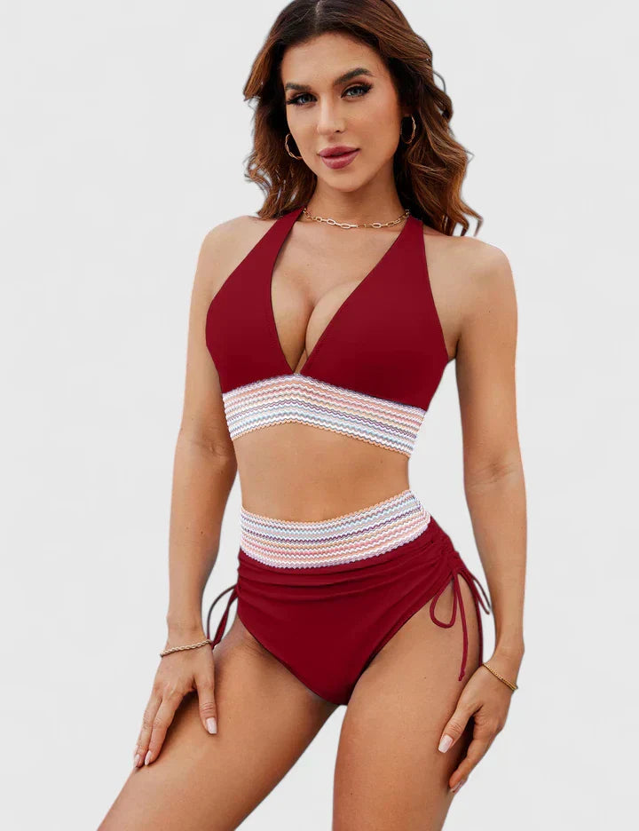 Women's High-Waisted Bikini Swimsuit Set with Crochet Waist